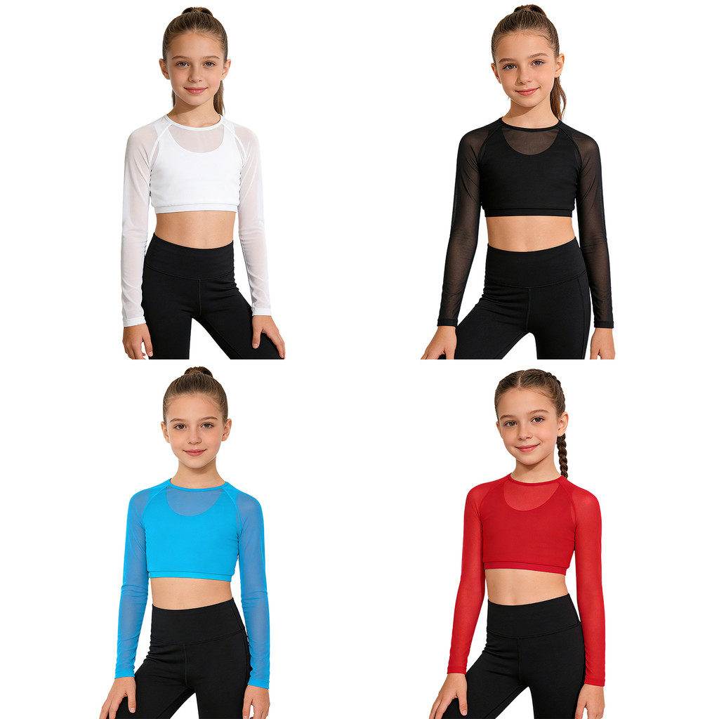 inhzoy Kids Girls Hip Hop Dance Sports Tops Long Sleeve Mesh Crop Top with Built-in Vest for Yoga Workout Running