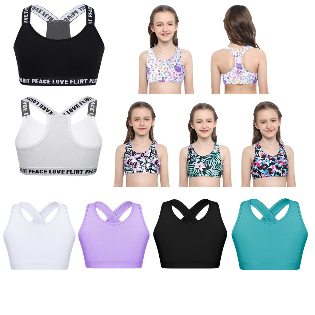 inhzoy Kids Girls U Neck Shoulder Straps Cross at Rear Sleeveless Keyhole Back Shockproof Running Gym Yoga Sport Bra Top
