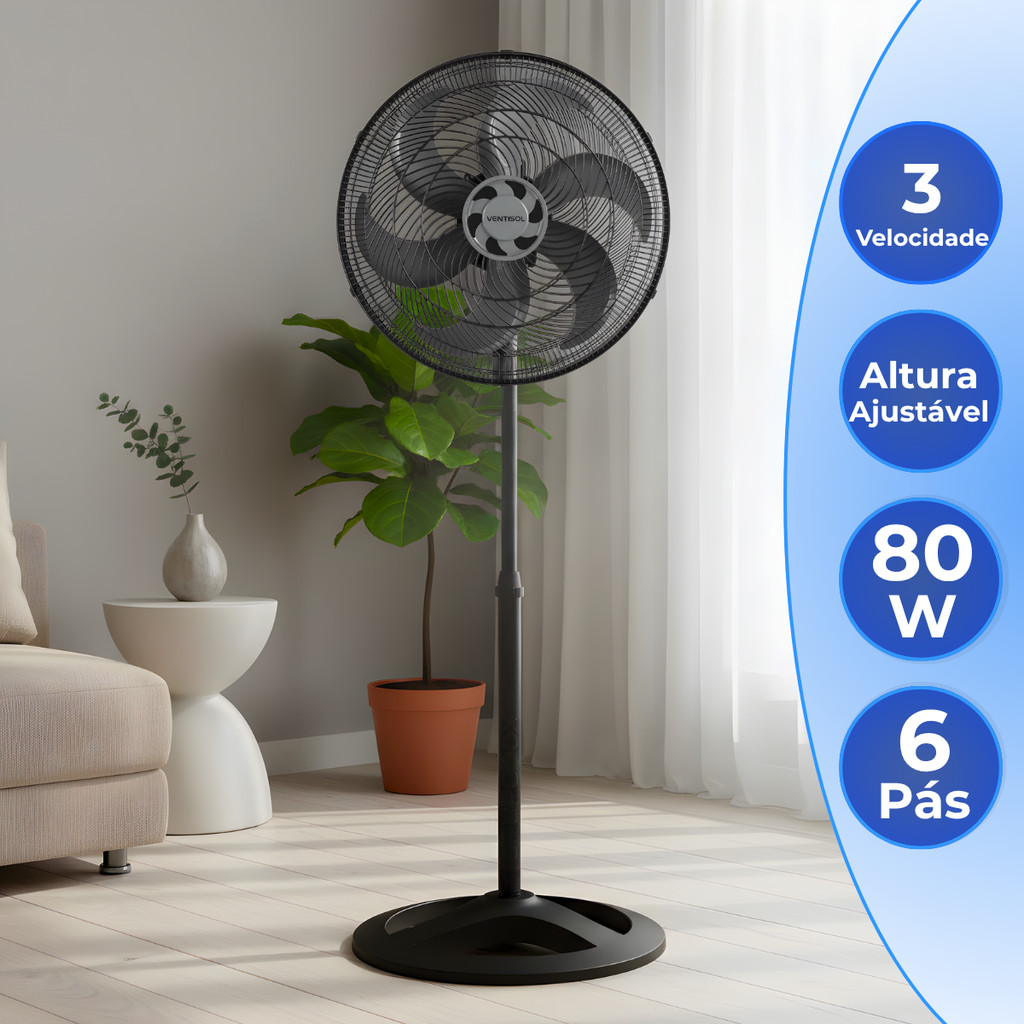 Ventilador De Coluna Turbo 40cm 6 Pas Silencioso 110v 220v Preto Forte Oscilante Econômico