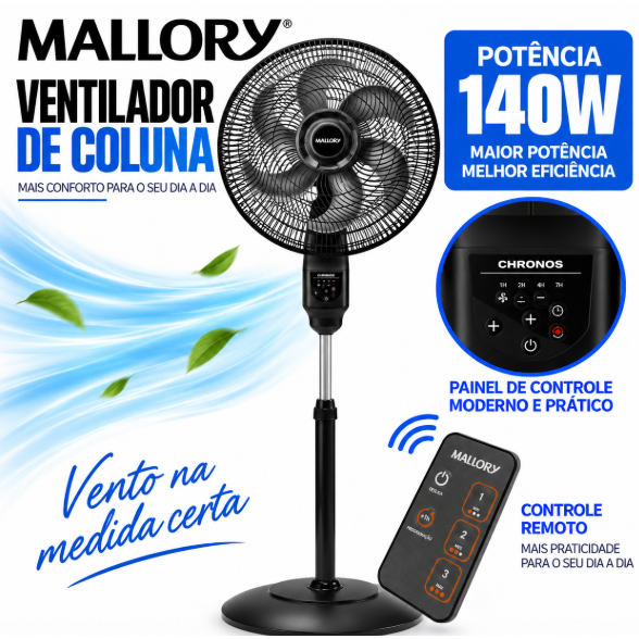 Ventilador de Coluna Mallory Chronos 40cm 110V Silencioso Turbo Oscilante com Controle Remoto
