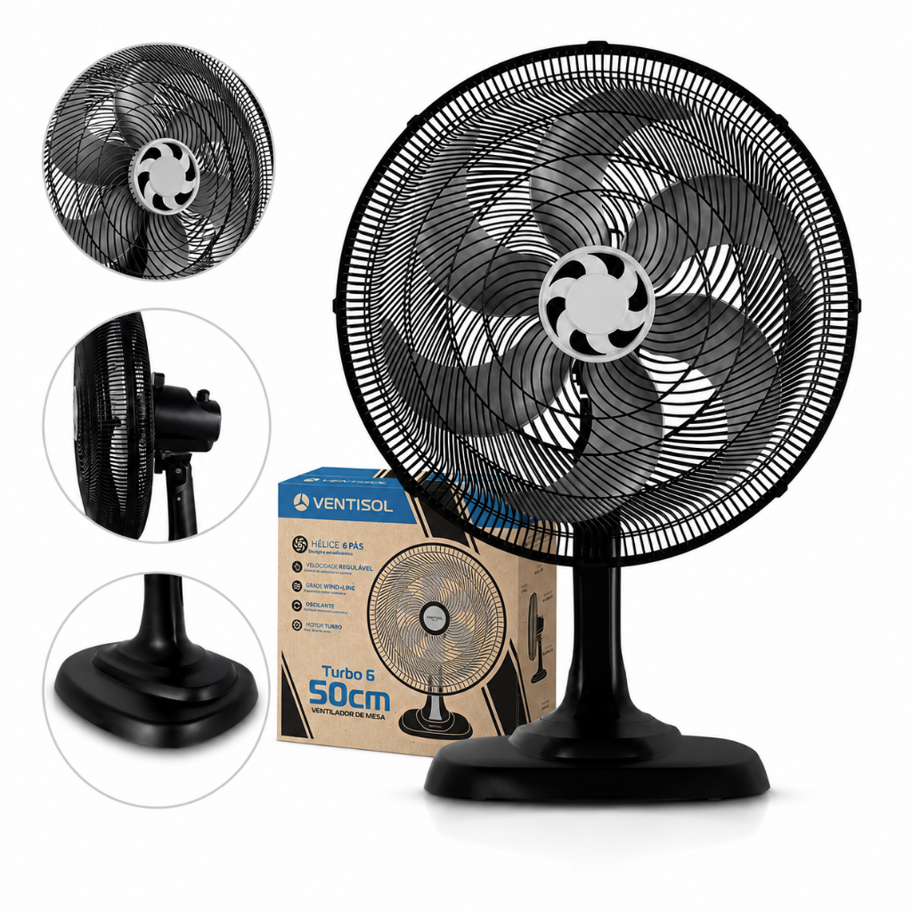 Ventilador de Mesa/Bancada Ventisol Turbo 50cm 220v 6 Pás Oscilante Silencioso Potente Preto