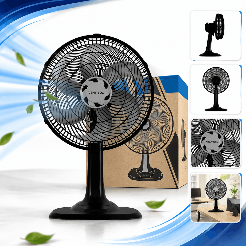 Ventilador De Mesa 30cm Ventisol Turbo 6 Pás Preto Oscilante 127V 220V Silencioso