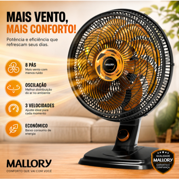 Ventilador de Mesa Mallory Egeo 40cm Preto Dourado 110V 6 Pás Silencioso Turbo Oscilante