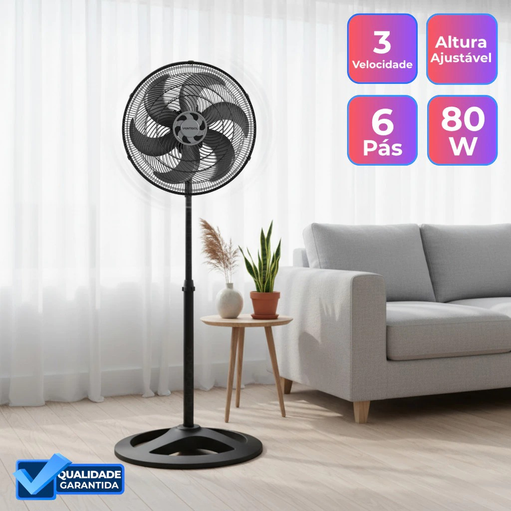 Ventilador de Coluna 80W Turbo 6 40cm Preto 6 Pas Ajustavel Oscilante Potente e Silencioso 127v / 220v