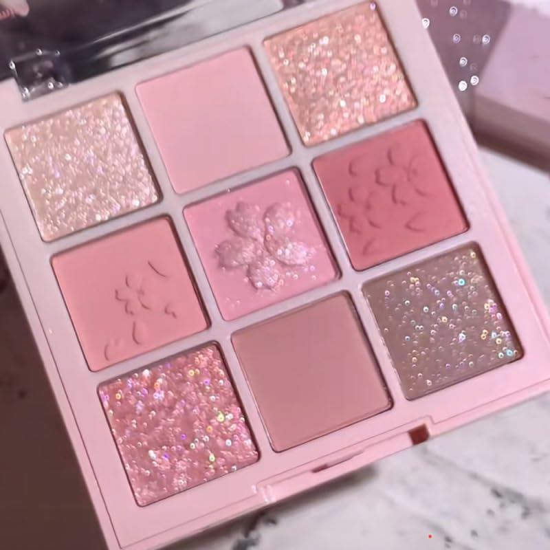 Paleta de Sombras Lucky Cherry Blossom de Nove Cores, Perolada com Brilho Fino, Edição Limitada de Primavera, Rosa Puro