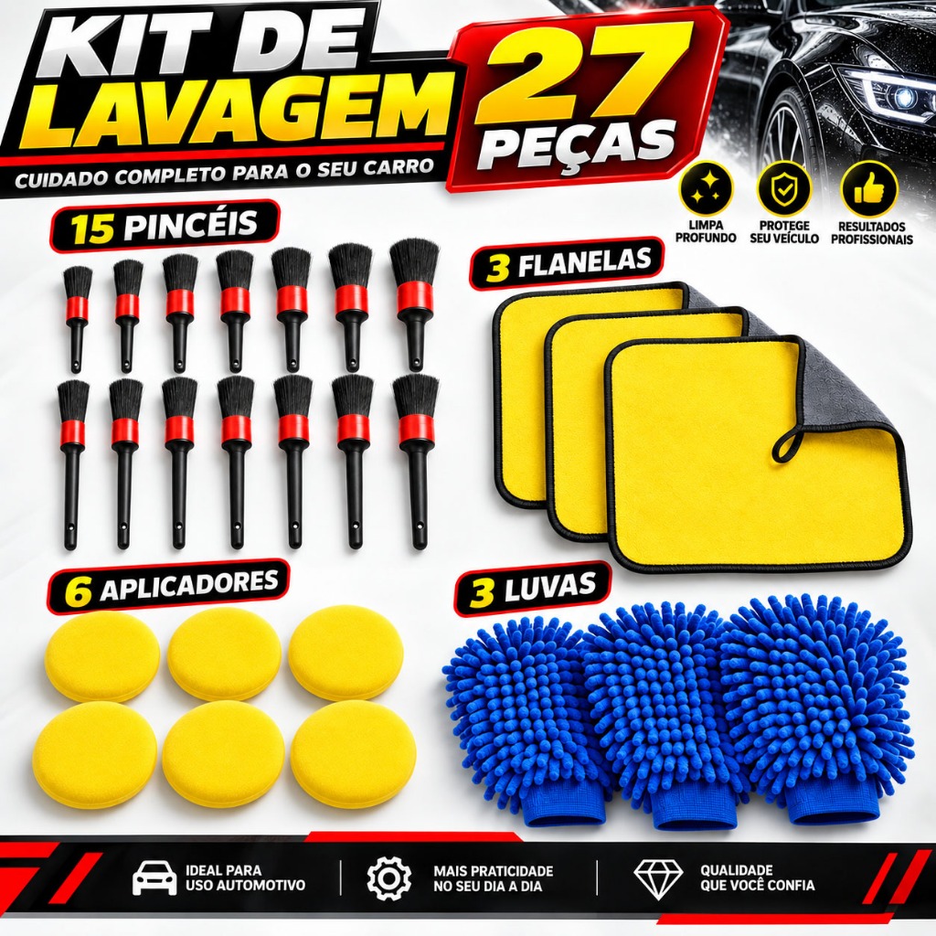 27-Piece Car Wash Kit Sponge + Tire Brush + Flannel + Wax Applicator + Microfiber Glove + Brush Kit