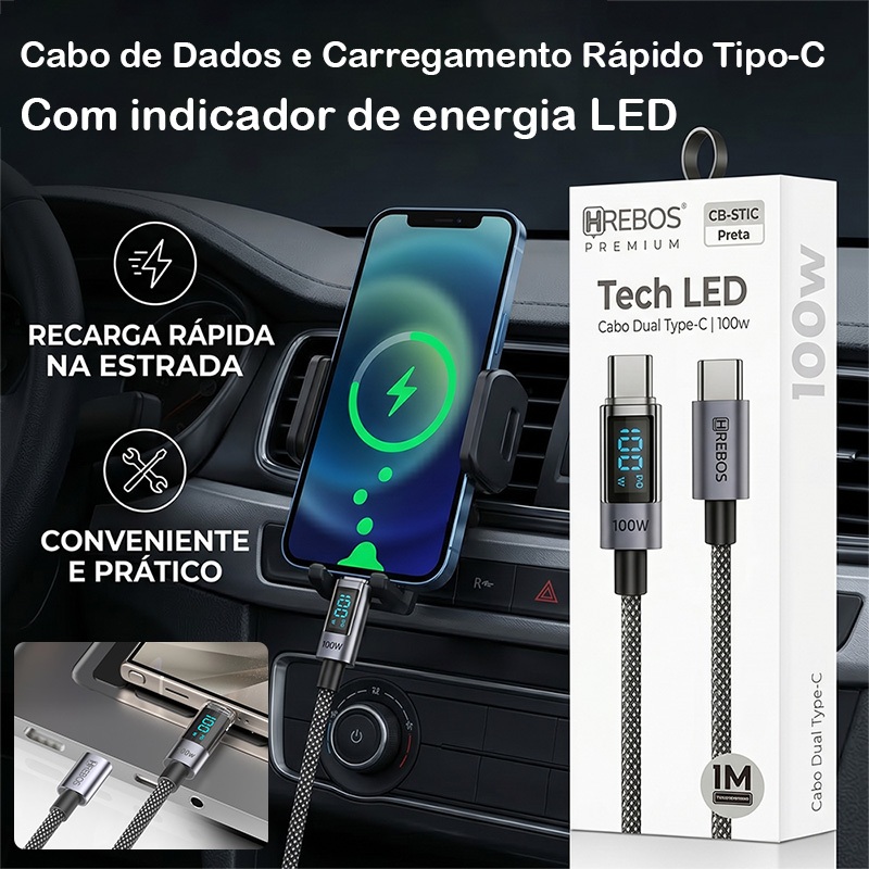 HREBOS Cabo de dados de carregamento rápido Type-C de 100 W com indicador de energia LED, para celulares e tablets.