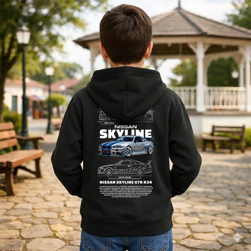 Moletom Infantil Carro Skyline GTR-r34 Filme Velozes x Furiosos Casaco De Frio Inverno Capuz e Bolso