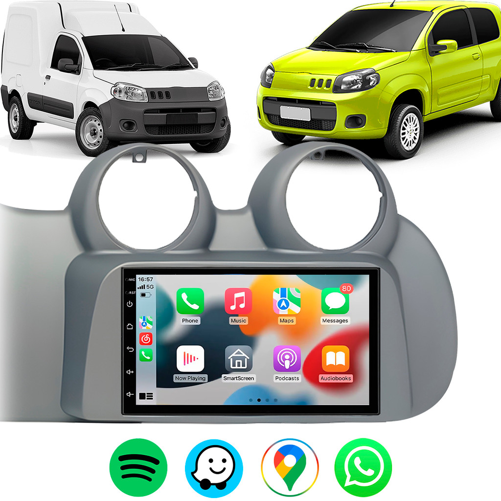 Multimídia MP5 7 Pol 2G 32G CarPlay + Moldura 2 Din Fiat Uno Vivace