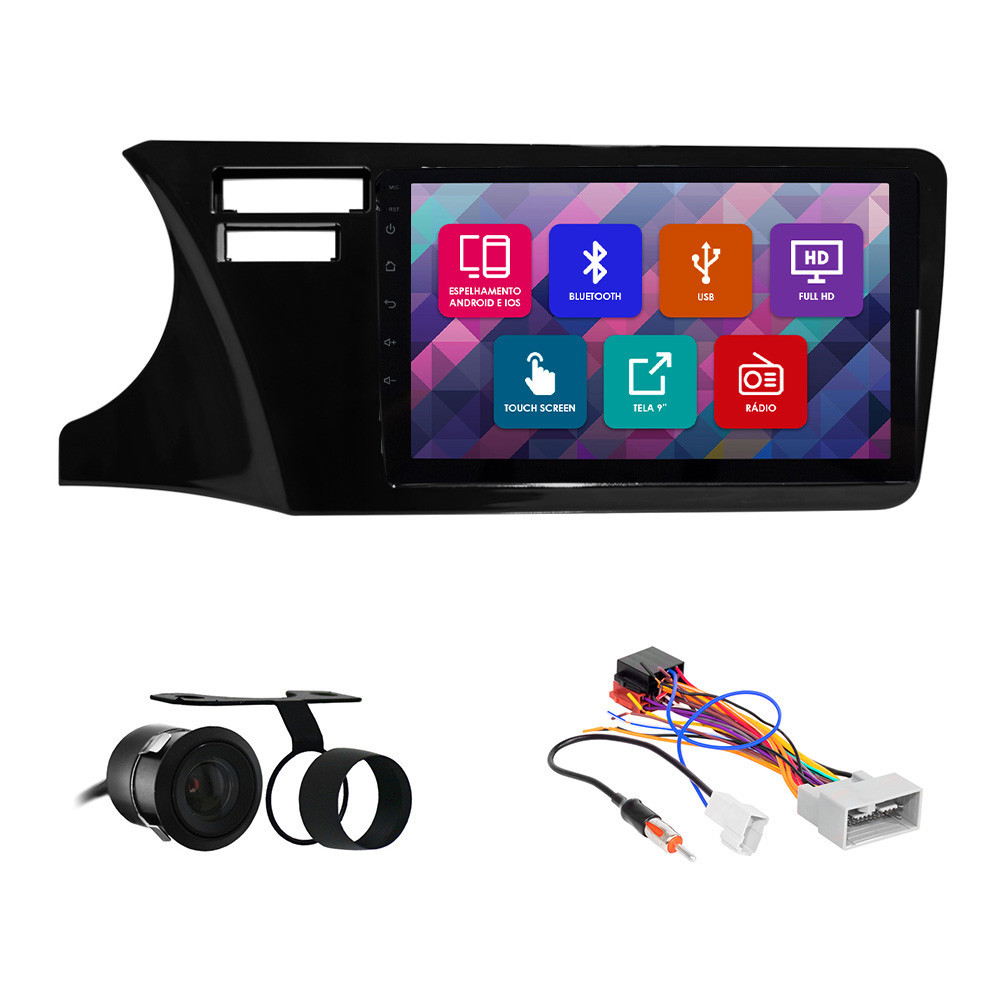 Kit Multimídia 9 Pol City 2014 2015 2016 2017 2018 2019 2020 2021 Espelhamento Android Ios 2 Din Preto Camera Ré