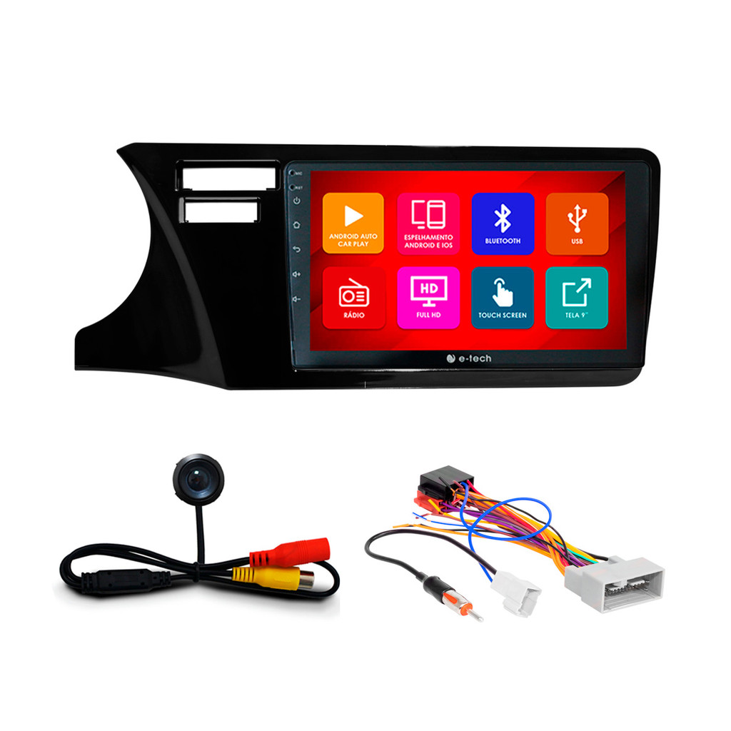 Kit Multimídia 9 Pol City 2014 15 16 A 18 19 20 2021 Android Auto CarPlay Qa+ 2 Din Black Piano Espelhamento Android Ios
