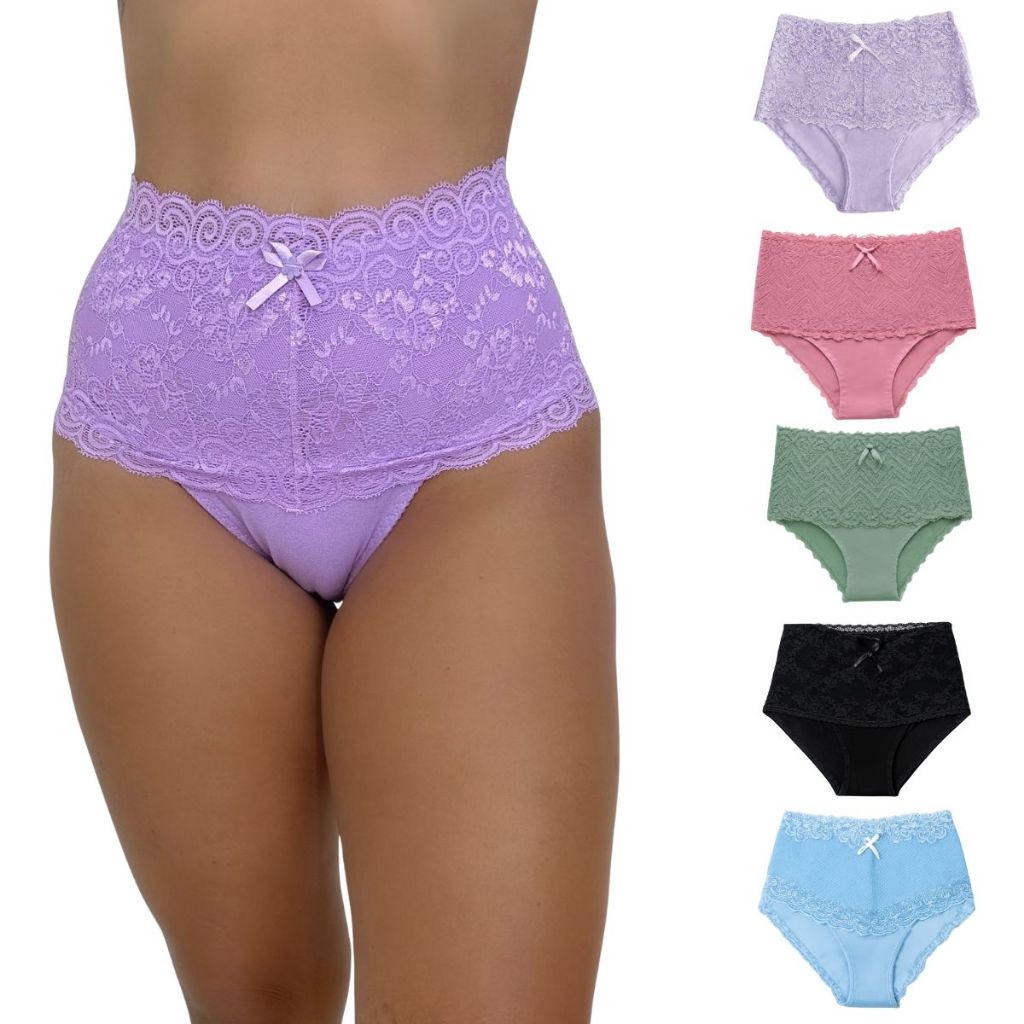 Kit C/6 Calcinha Cinta Alta Em Cotton Com Renda Sobreposta Moda Íntima Estilo Conforto Roupas