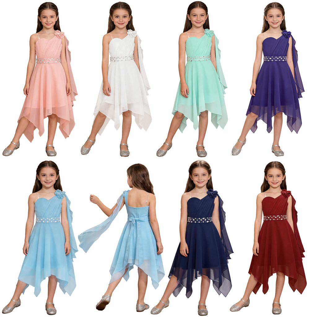 inhzoy Kids Girls Chic Ruched Applique Party Dress One Shoulder Asymmetrical Hem Chiffon Dress with Shiny Beaded Sash