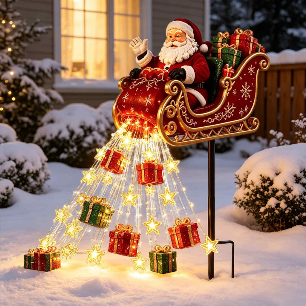 Solar Powered Christmas Ground Lights Outdoor Santa Claus Pathway Decor Sleigh Figurine Light – Garden Stake with for