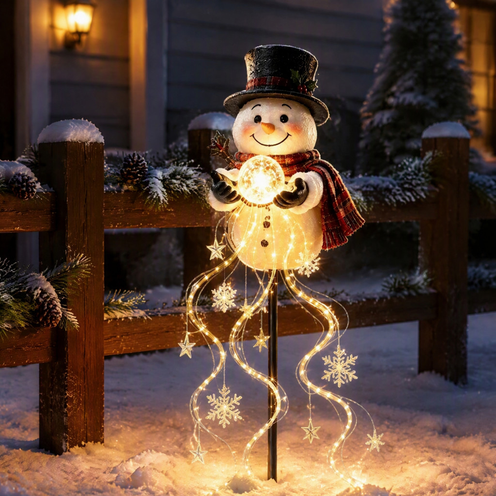 Solar Powered Christmas Garden Lights Outdoor Snowman Yard Decorations Stake Light with Flowing Waterfall Led Fairy Star