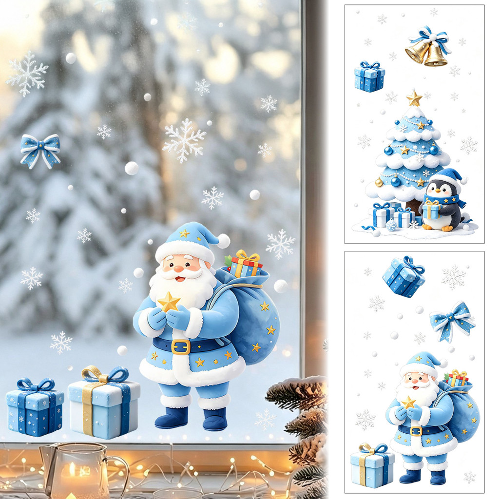 Christmas Window Clings Winter Holiday Glass Decals Tree Santa Claus Blue Pvc Waterproof Static Stickers Wall for Home