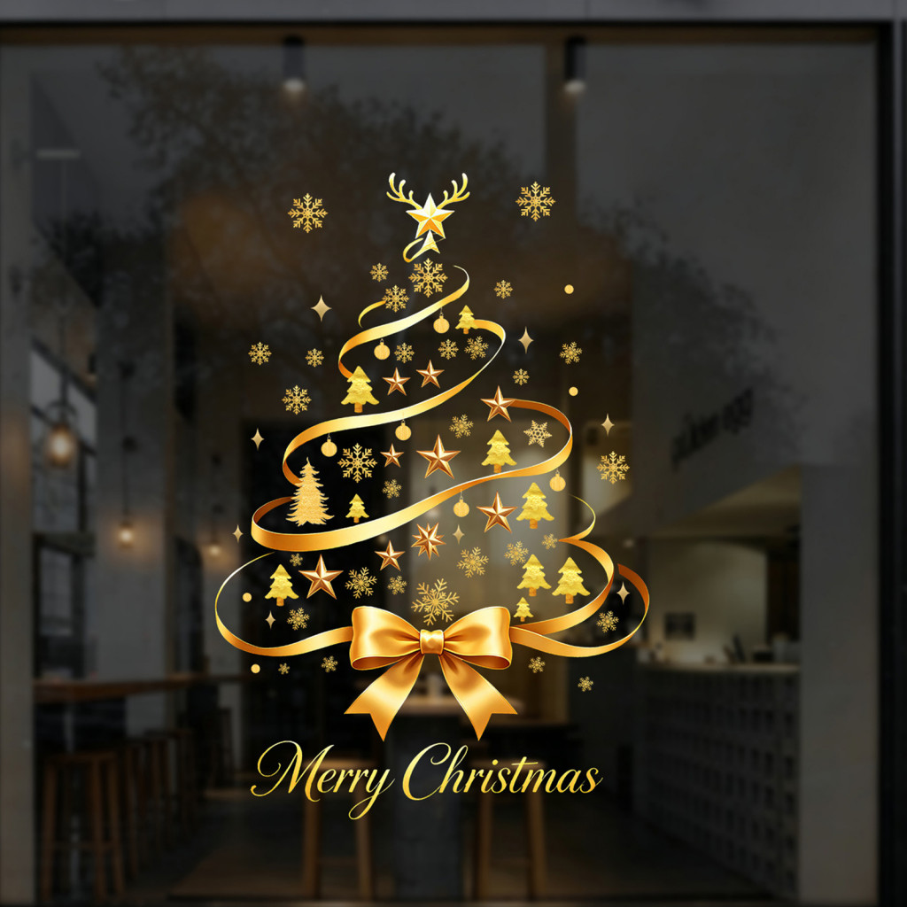 Christmas Tree Wall Decals Gold Ribbon Window Stickers Cling with Bow Reindeer Antler Snowflake – Reusable Pvc Holiday