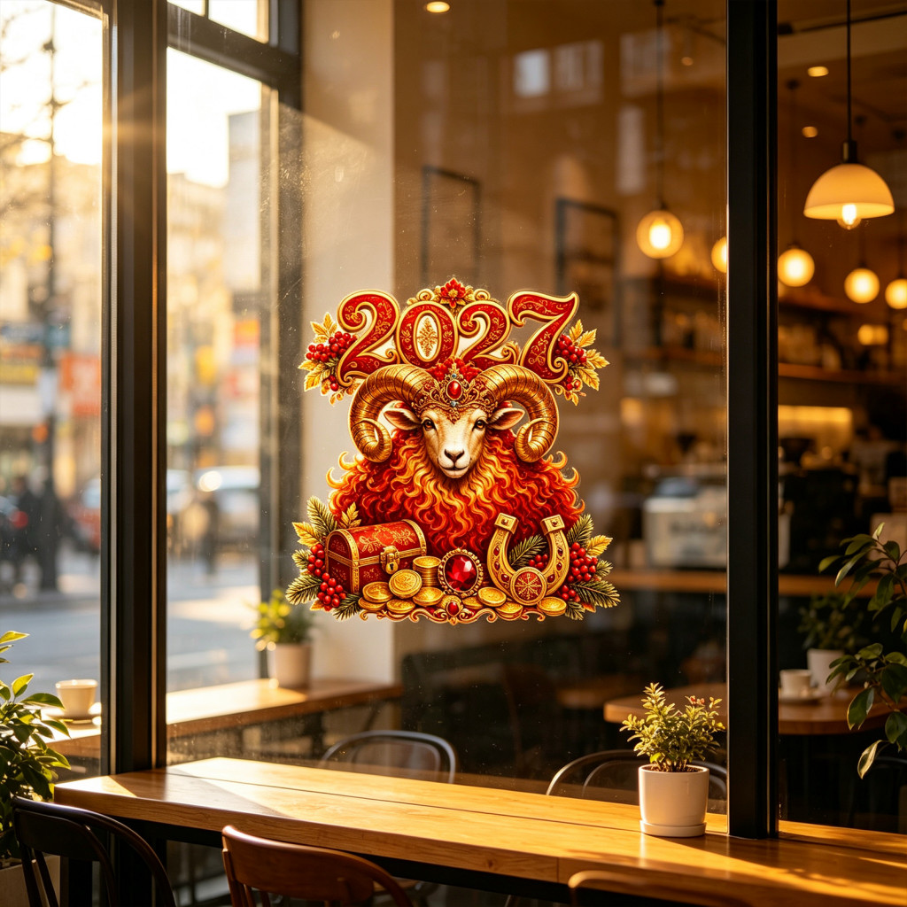 Lunar New Year Window Clings 2027 Decals Gold Zodiac Sheep Cling Reusable Non-adhesive Static Decal for Glass Doors Home