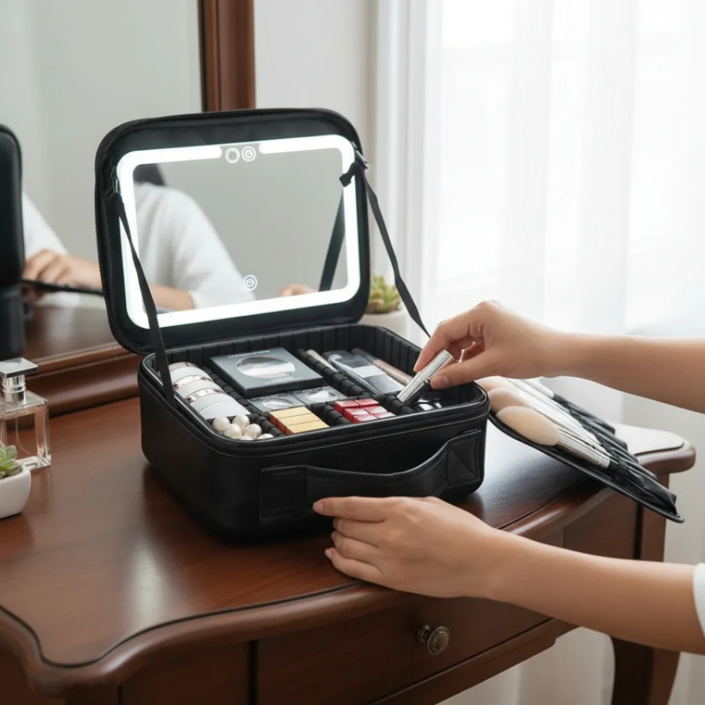 Necessaire Grande  Espelho LED Compartimentos Maquiagem Cosméticos Viagem Skin Care Dia a Dia