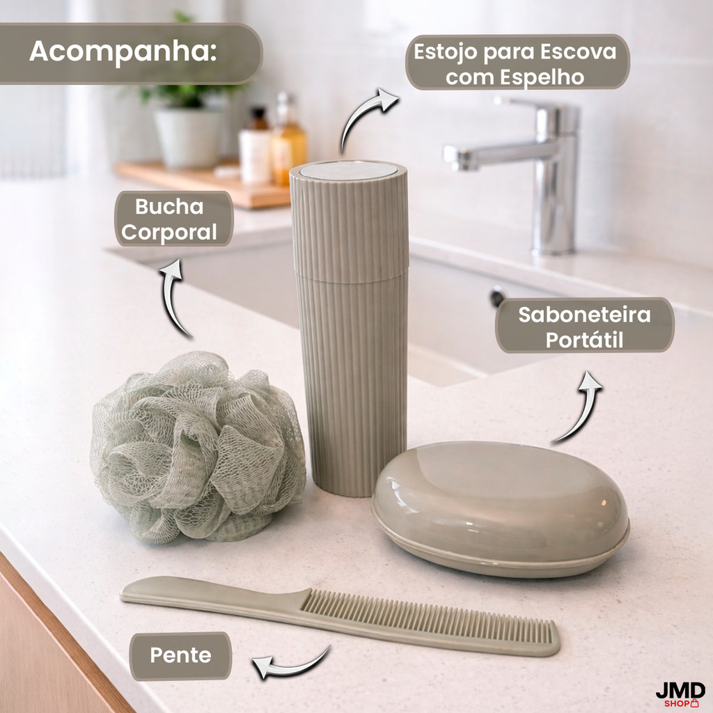 Kit Necessaire de Higiene com Estojo de Escova Espelho e Acessórios de Banho