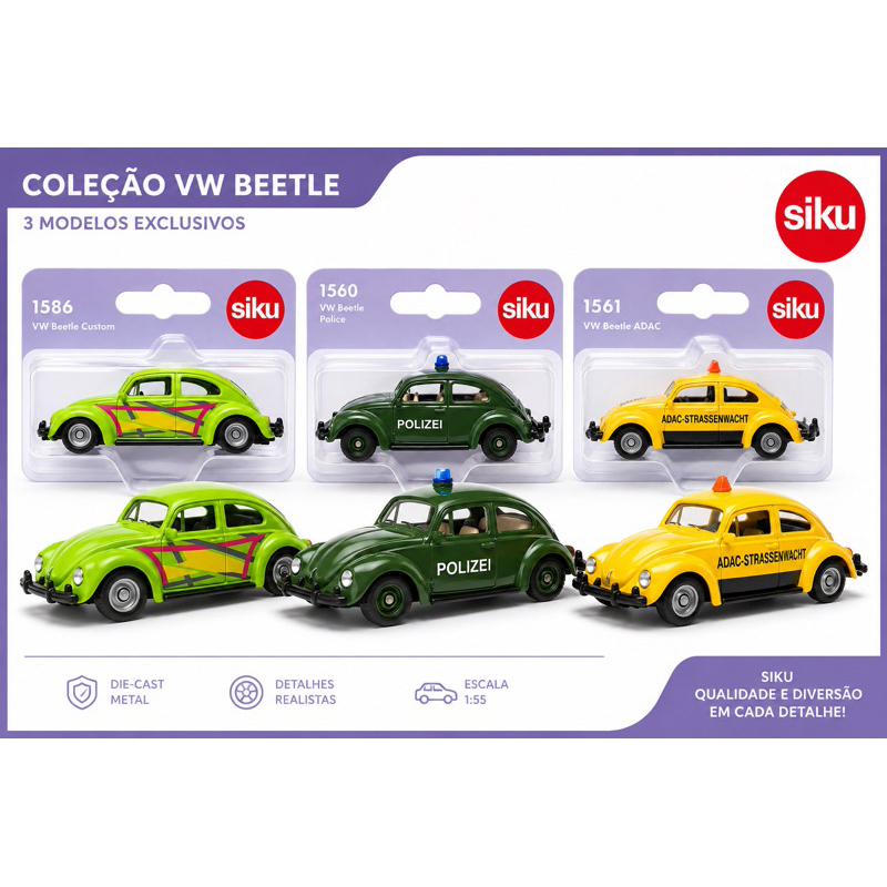🚗 Fusca Siku VW Beetle Colecionável 1:55 | Polizei, ADAC ou Custom | Escolha a Variação