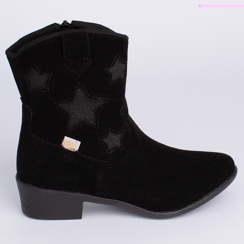 Bota Infantil Menina Kidy Folk Boho Estrelas Preto Country Moderna Western Inverno Confortável Leve