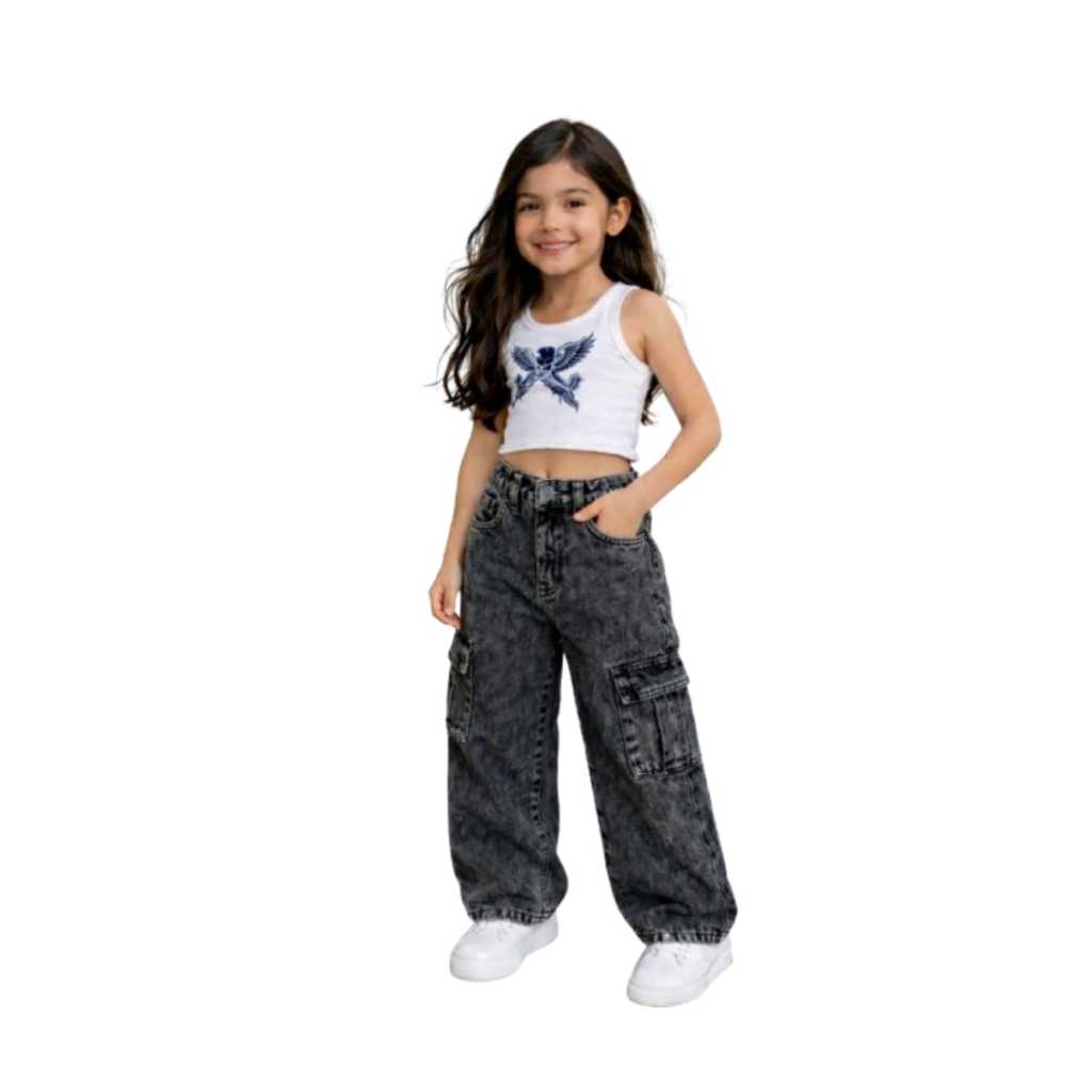 Calça Jeans Wide Leg Infantil para Menina: Preto Grafite Marmorizada, Cintura Alta, Pantolona Perna Larga, Modelagem
