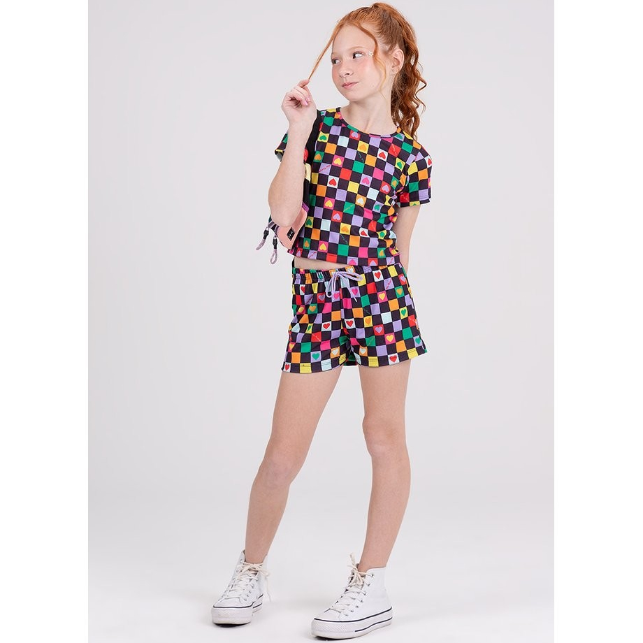 Conjunto Cropped Infantil Poliplex Quadriculado Preto