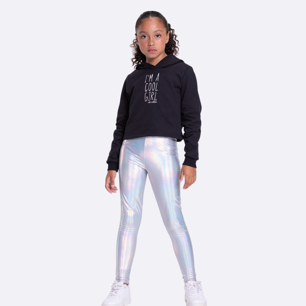 Conjunto Moletom Infantil Cropped e Calça Holográfica Preto