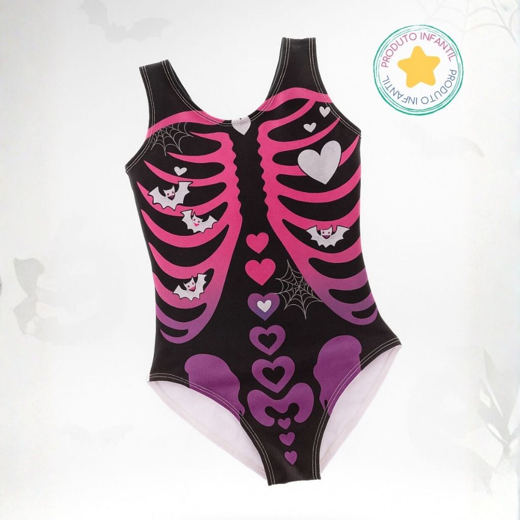 Body Collant Infantil Preto Esqueleto bicolor  de Halloween - Dia das bruxas