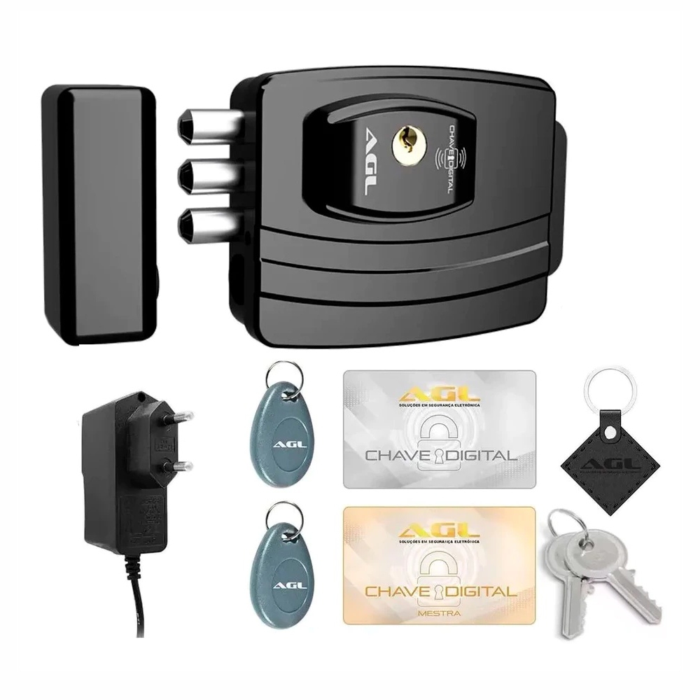 Fechadura Elétrica AGL Ultra Card Preto 42mm Chave Simples Furação Especial