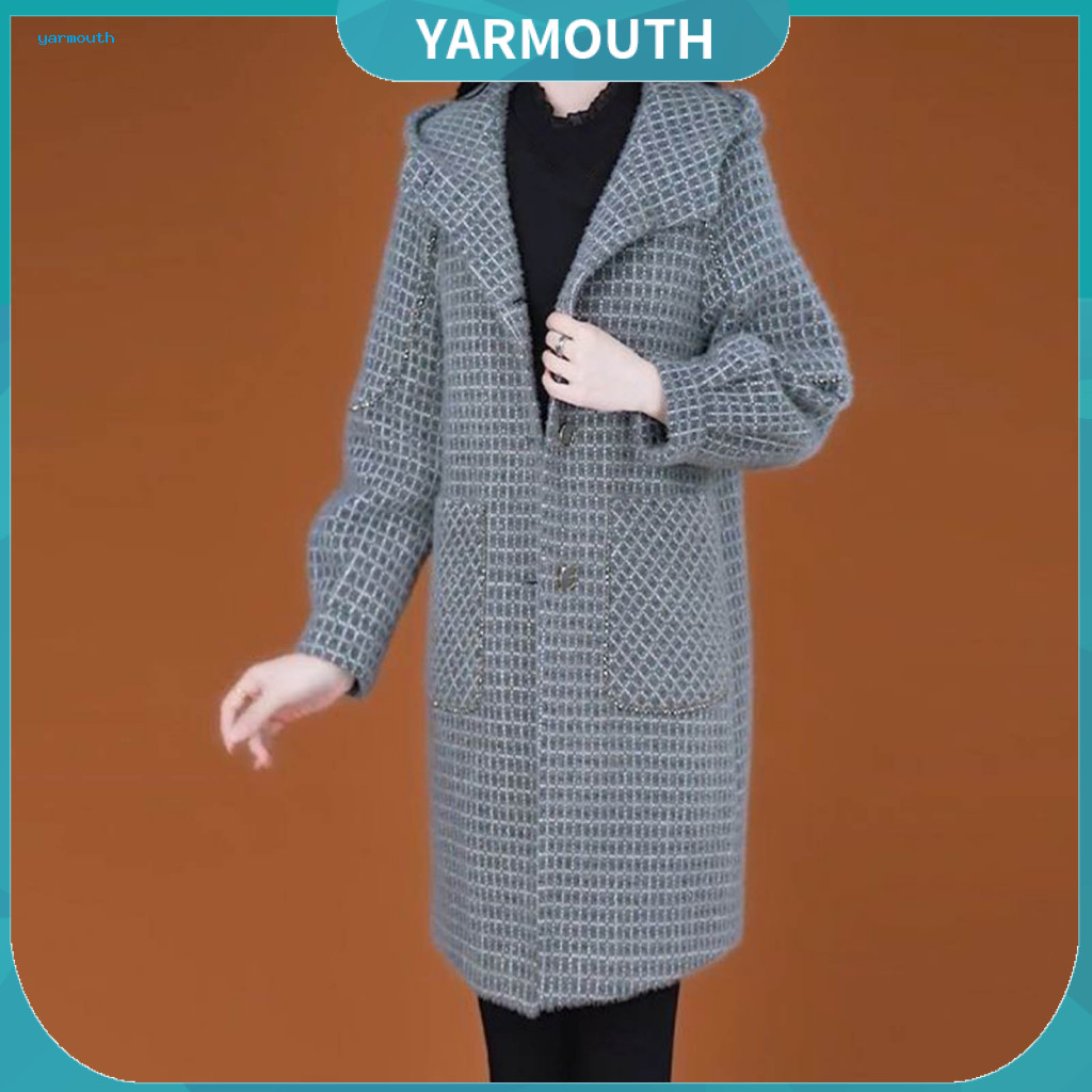 Workwear Coat Women Mid-length Hooded Lady Fall Winter Woolen with Hood Side Pockets Single-breasted Plaid Overcoat Thic