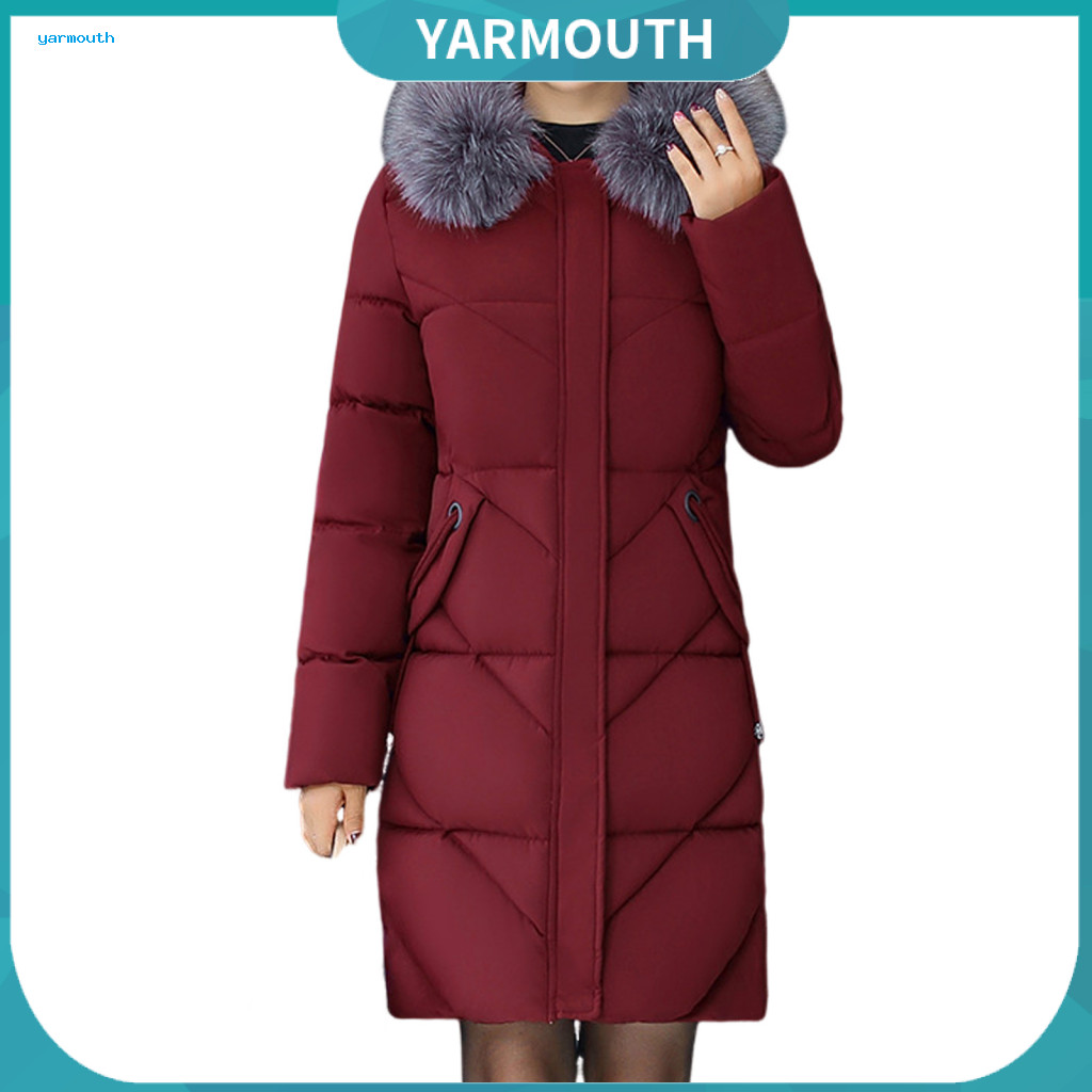 Cotton Coat Drawstring Waist Winter Women’s Padded Jacket with Furry Hood Neck Protection Plus Size Mid-length Zipper