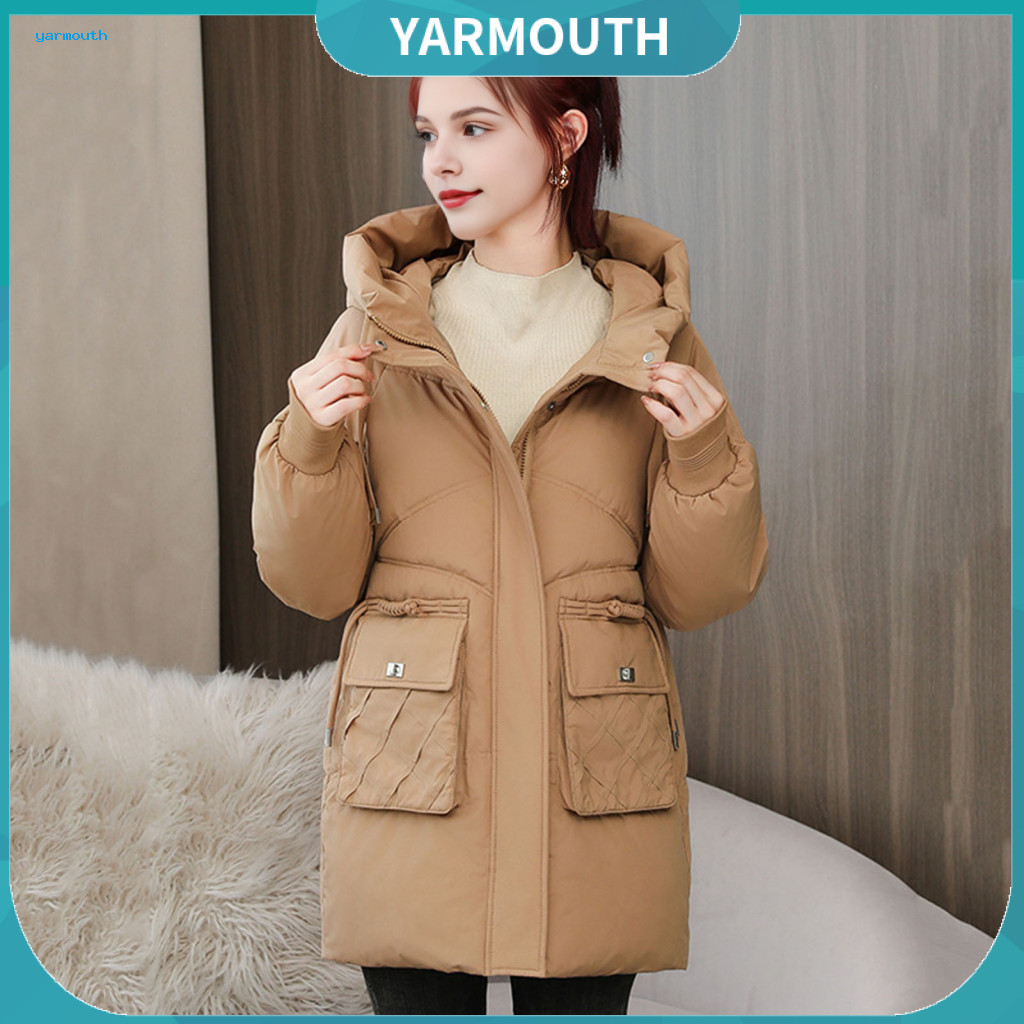 Women Mid-length Coat Zipper Jacket Winter Down for Men Thickened Padded Hooded with Drawstring Windproof Cotton Outwear