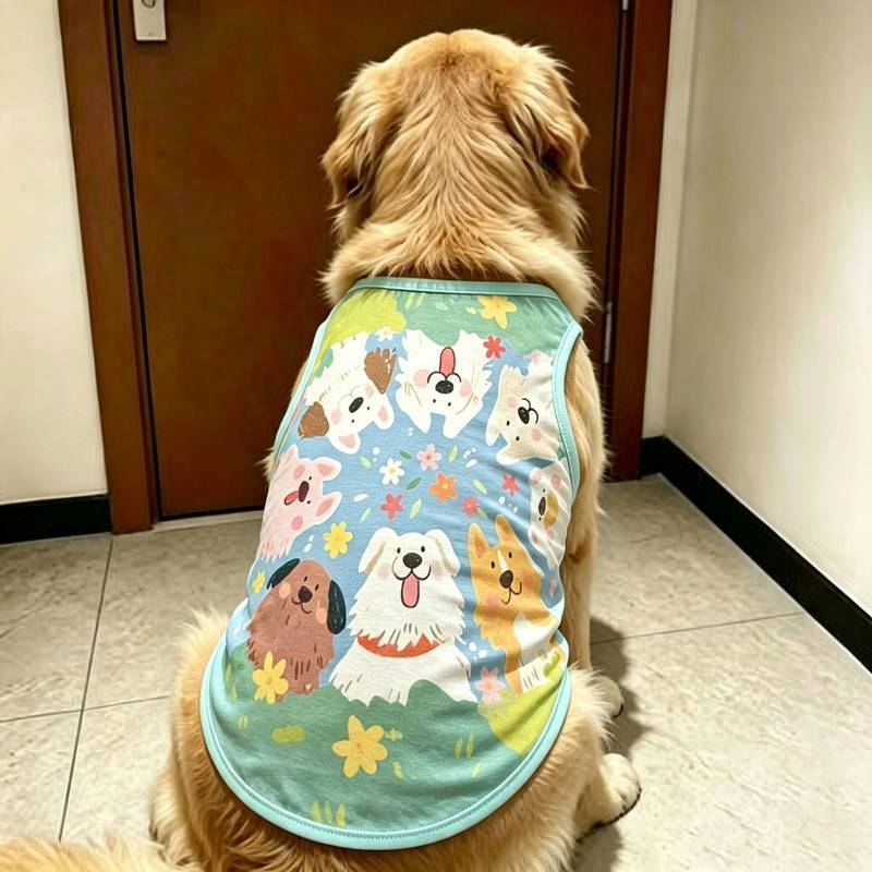 Pet Clothes Green Multi-Puppy Cartoon Printed Sleeveless Vest Golden Retriever Labrador Summer and Autumn Large Dog nTOe