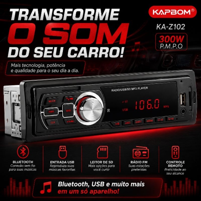 Rádio de Carro Bluetooth MP3 Player USB SD FM Som Automotivo com Controle Remoto Saída RCA Kapbom