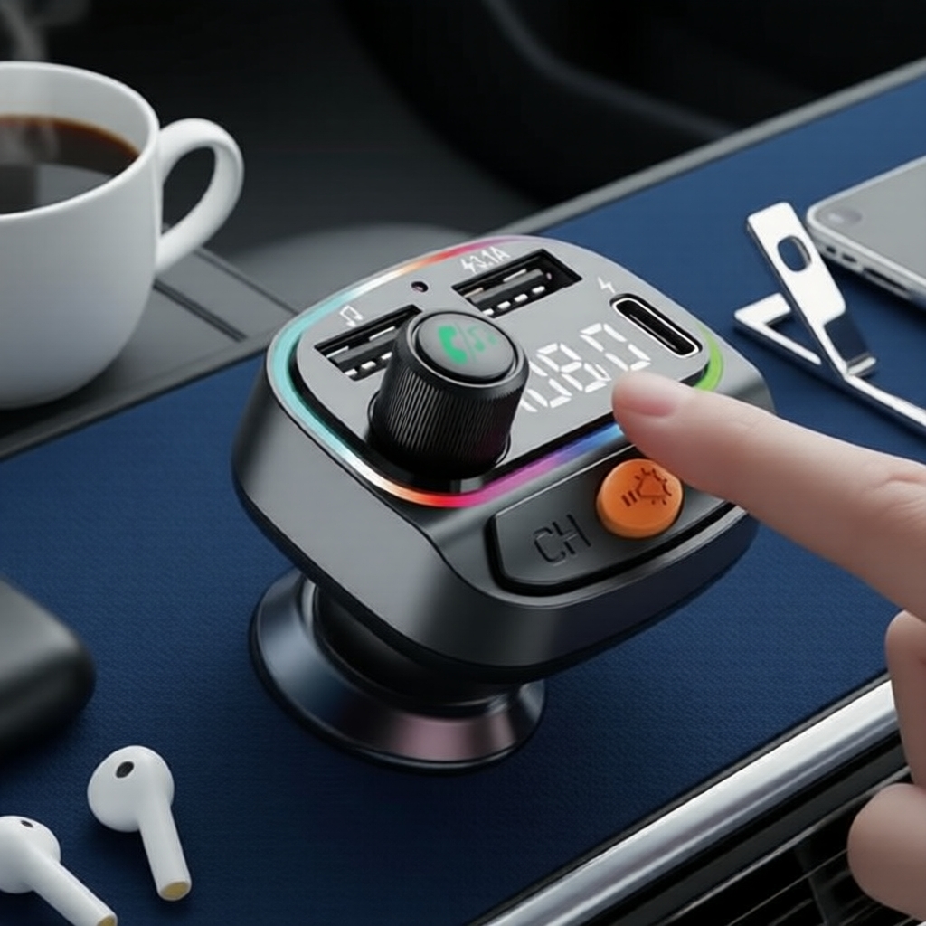 Transmissor FM Bluetooth 5.3 para Carro com Carregador, Viva-Voz, PD Tipo-C e USB Duplo, MP3 Player com Iluminação