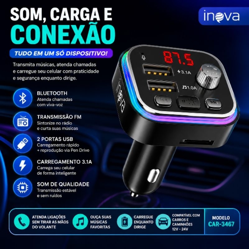 Transmissor Bluetooth FM Carro MP3 Player 18W USB Tipo C Carregador Veicular Rádio Som Automotivo