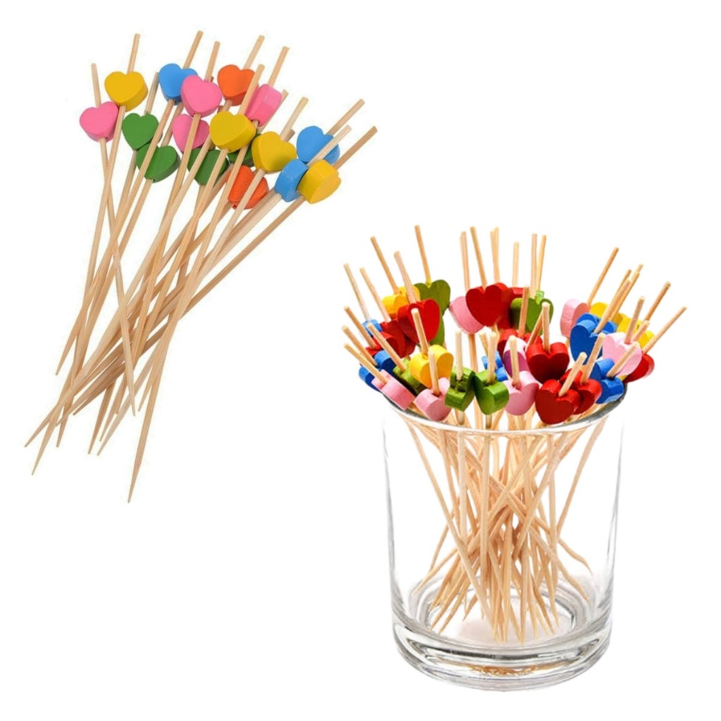 100 Espetinhos De Bambu com Corações coloridos, Palitos 12cm P/ Petisco, Aperitivo