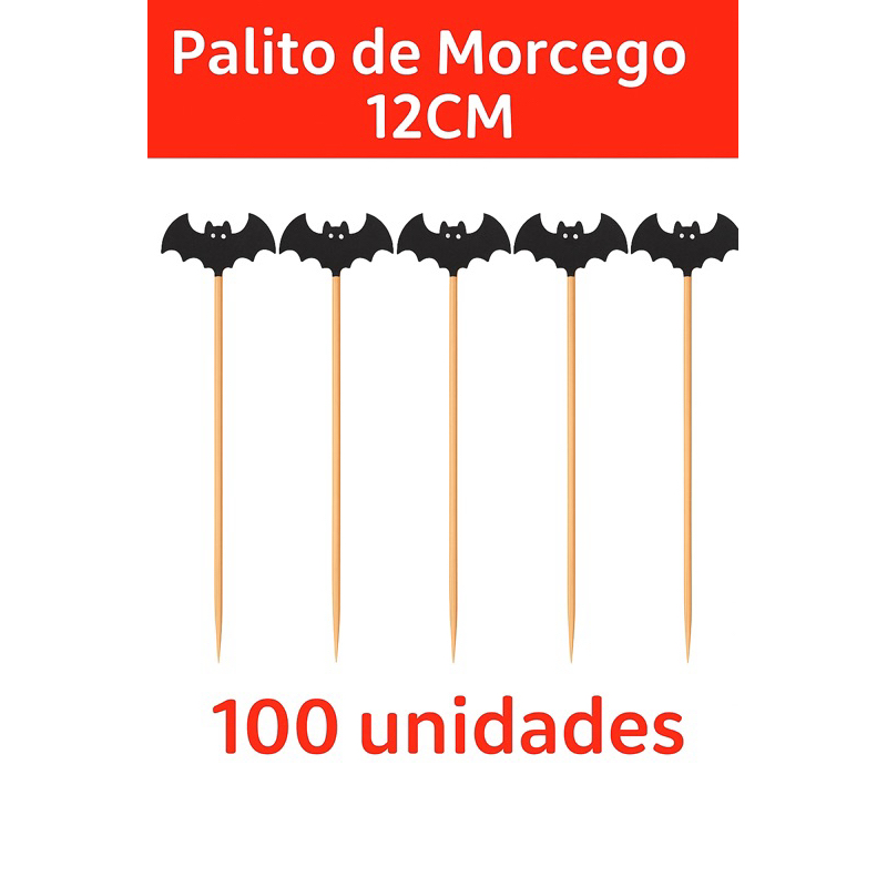 KIT 100 Palitos de Bambu 12 centímetros - Palito para petiscos Halloween-Morcegos