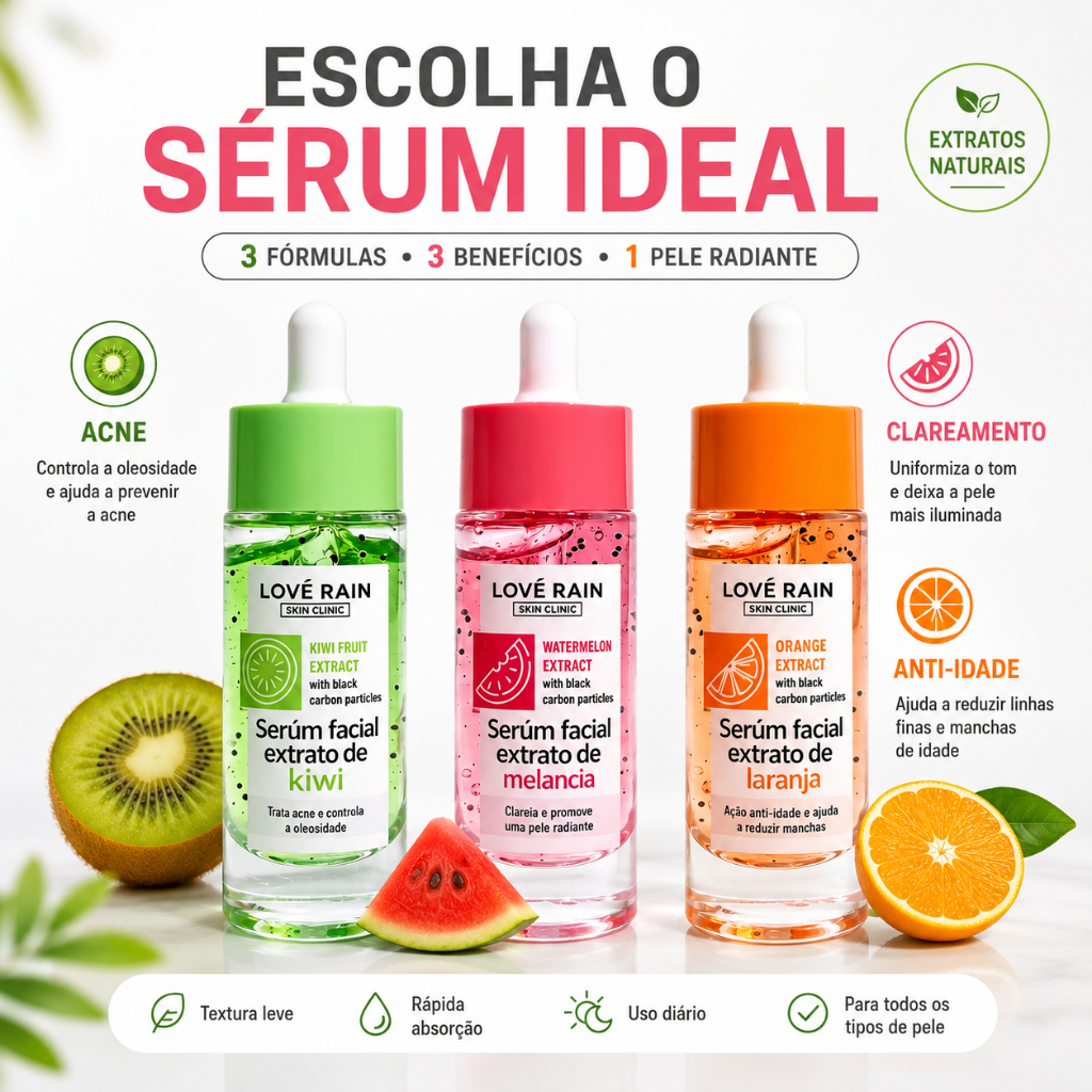Love Rain Sérum Facial de Frutas  Antiacne • Clareador • Anti-Idade Pele Radiante Todos os Dias