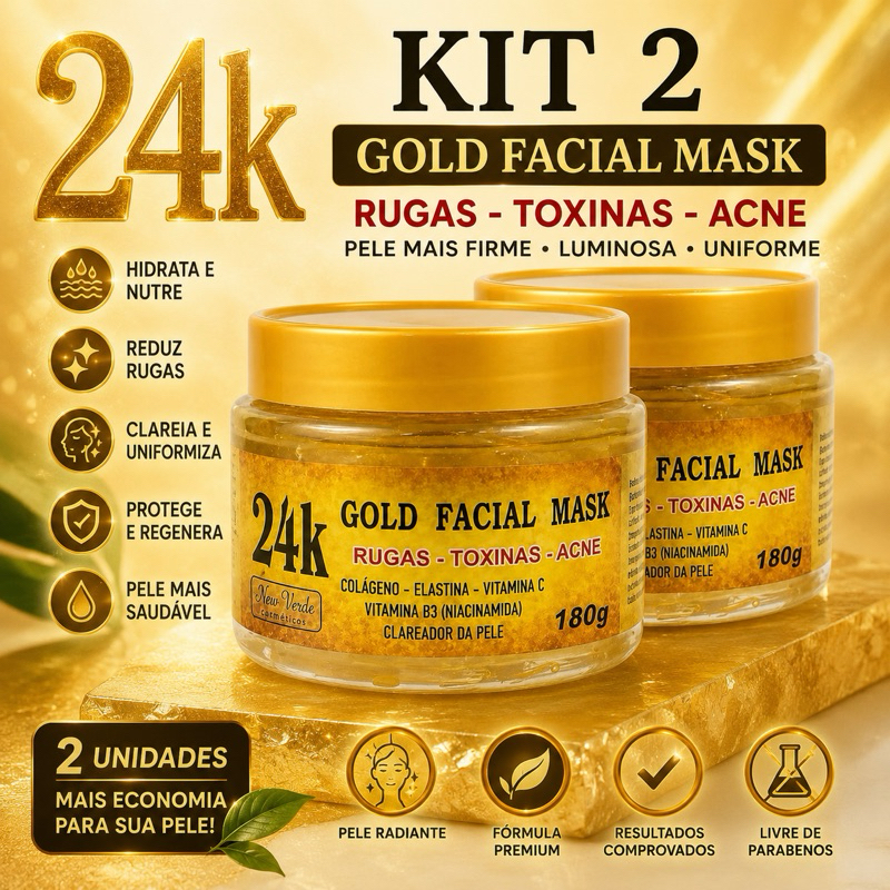Kit 2 Máscara Facial Ouro 24K 180g Gold Facial Mask Colágeno Niacinamida Vitamina C Clareador Pele Antiacne Antirrugas