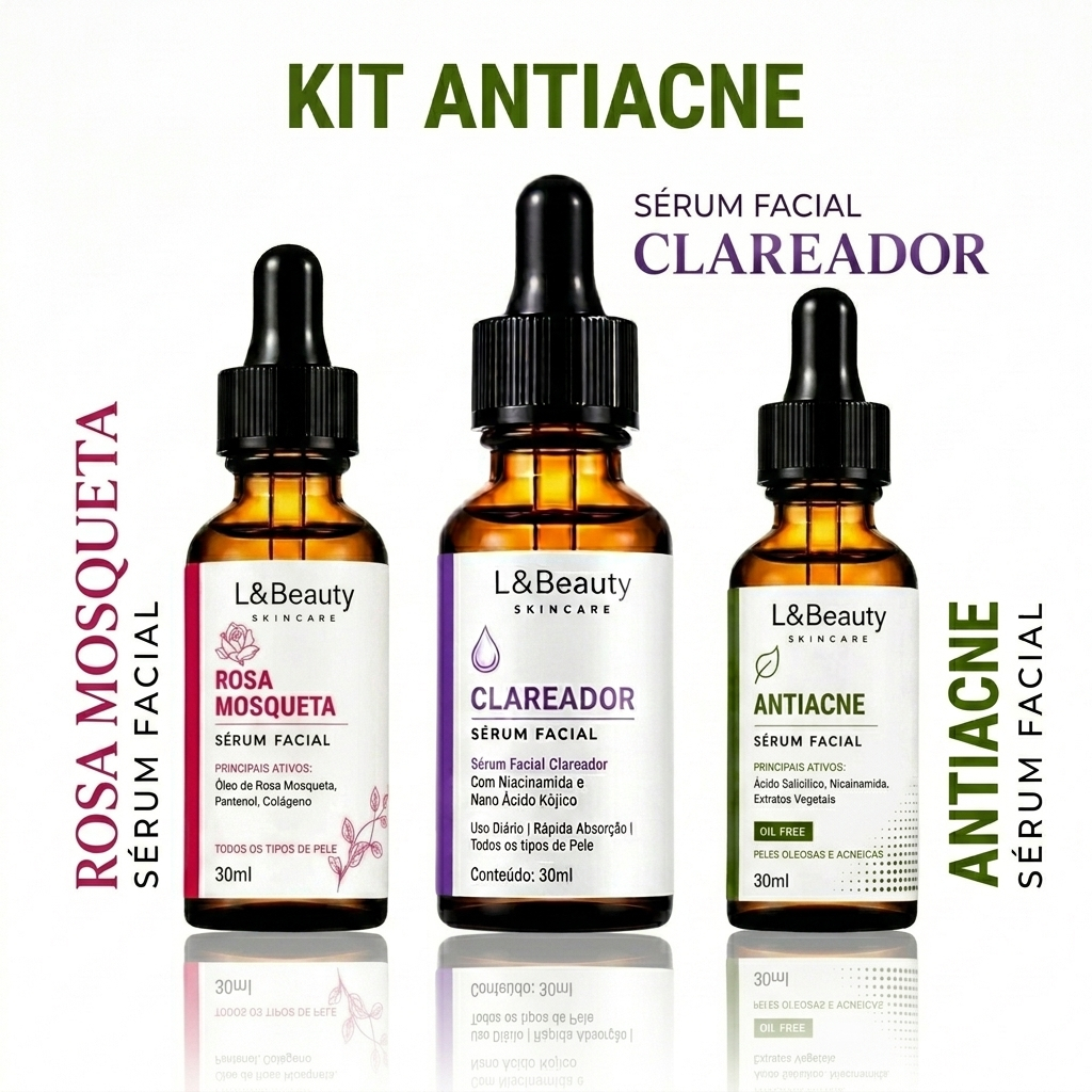 Kit 3 Séruns Faciais 30ml - Antiacne, Rosa Mosqueta e Clareador L&Beauty