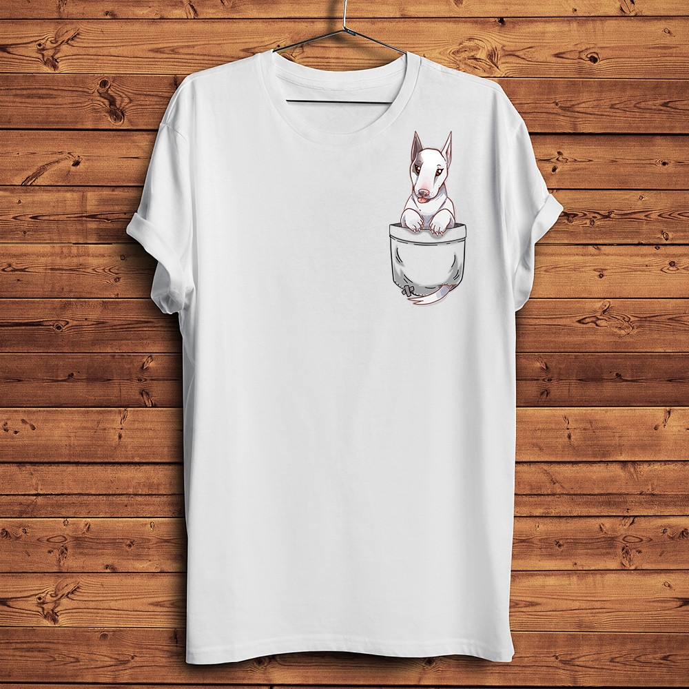 Bonito Bull Terrier Cão Filhote De Cachorro No Bolso Engraçado 3d Camiseta Masculina Verão Novo Branco casual Manga Curt