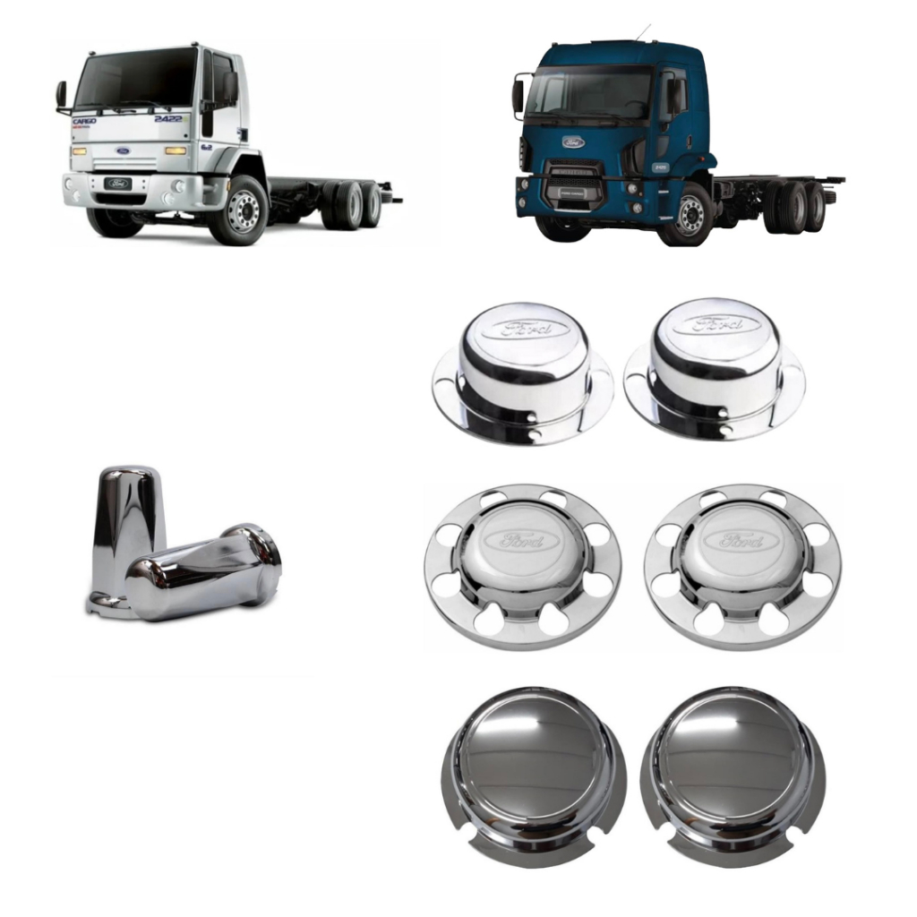 kit Aplique Tampas Cubo Caminhão Ford Cargo Dianteira + Tração + Truck + Capas de Porcas Acessorios