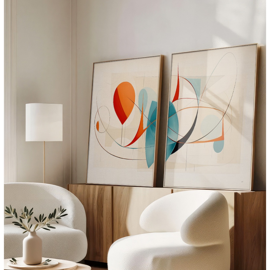Quadro Moderno Abstrato Para Sala Quadro Decorativo Com Moldura Grande Linhas Curvas Coloridas Duo