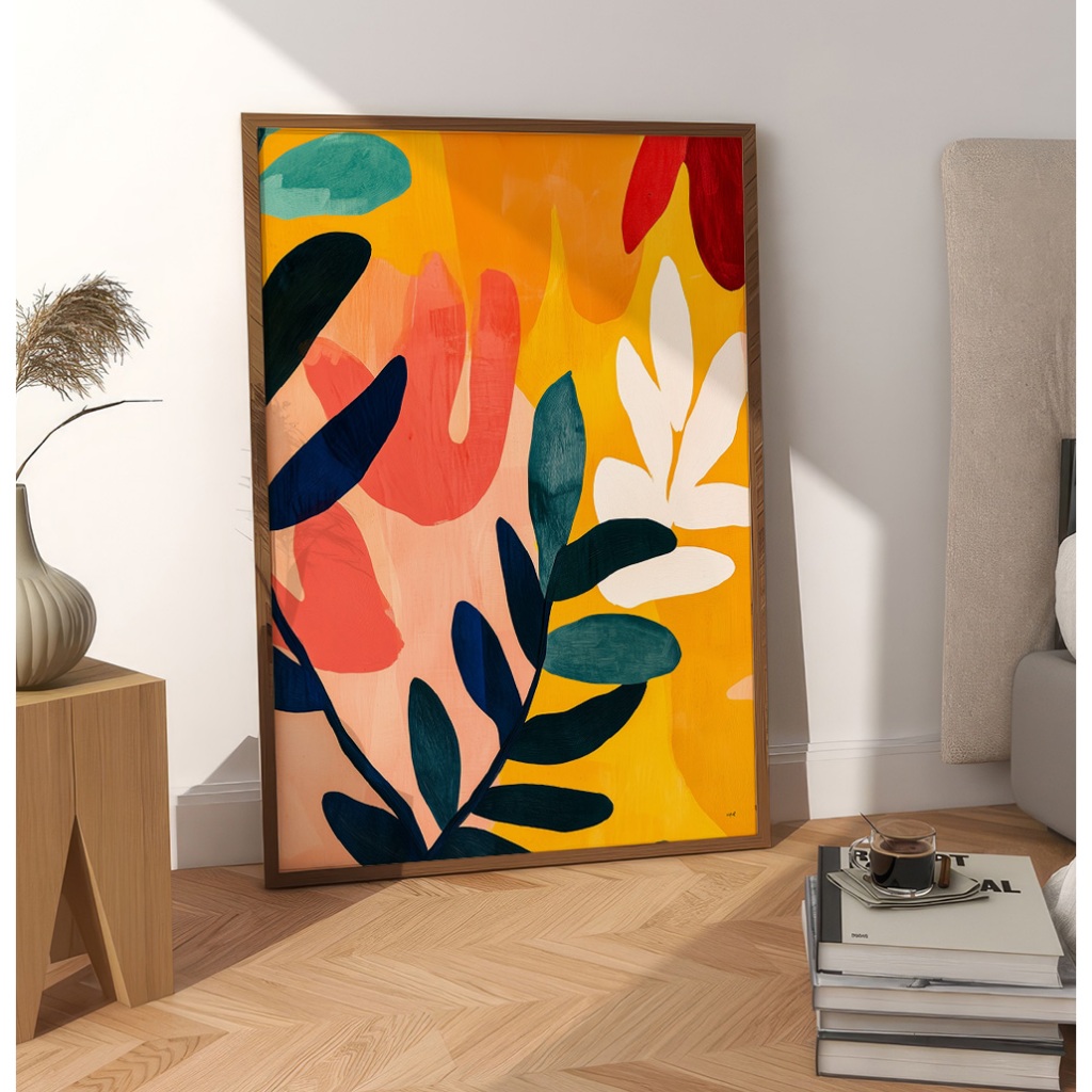 Quadro Folhagem Abstrato Grande Quadro Decorativo Sala Com Moldura Vidro Folhas Tropicais Coloridas