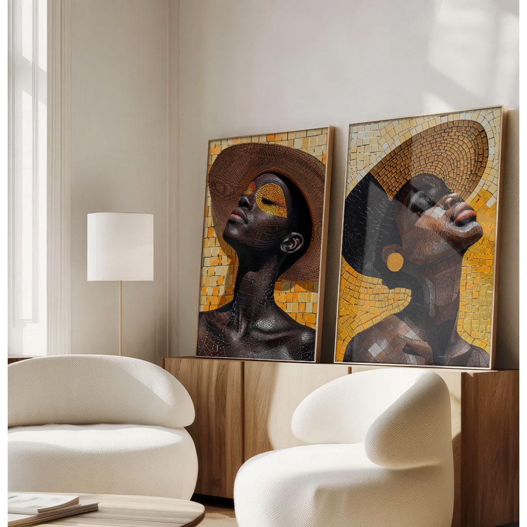 Quadro Mosaico Abstrato Grande Quadro Decorativo Sala Com Moldura E Vidro Mulher Estilo Mosaico Duo
