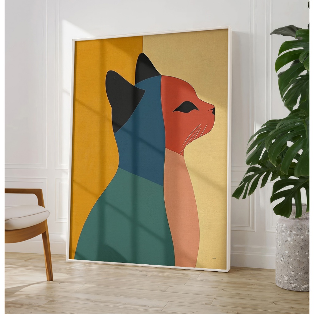 Quadro Gato Abstrato Para Sala Quadro Decorativo Quarto Grande Quadro Com Moldura Gato Colorido