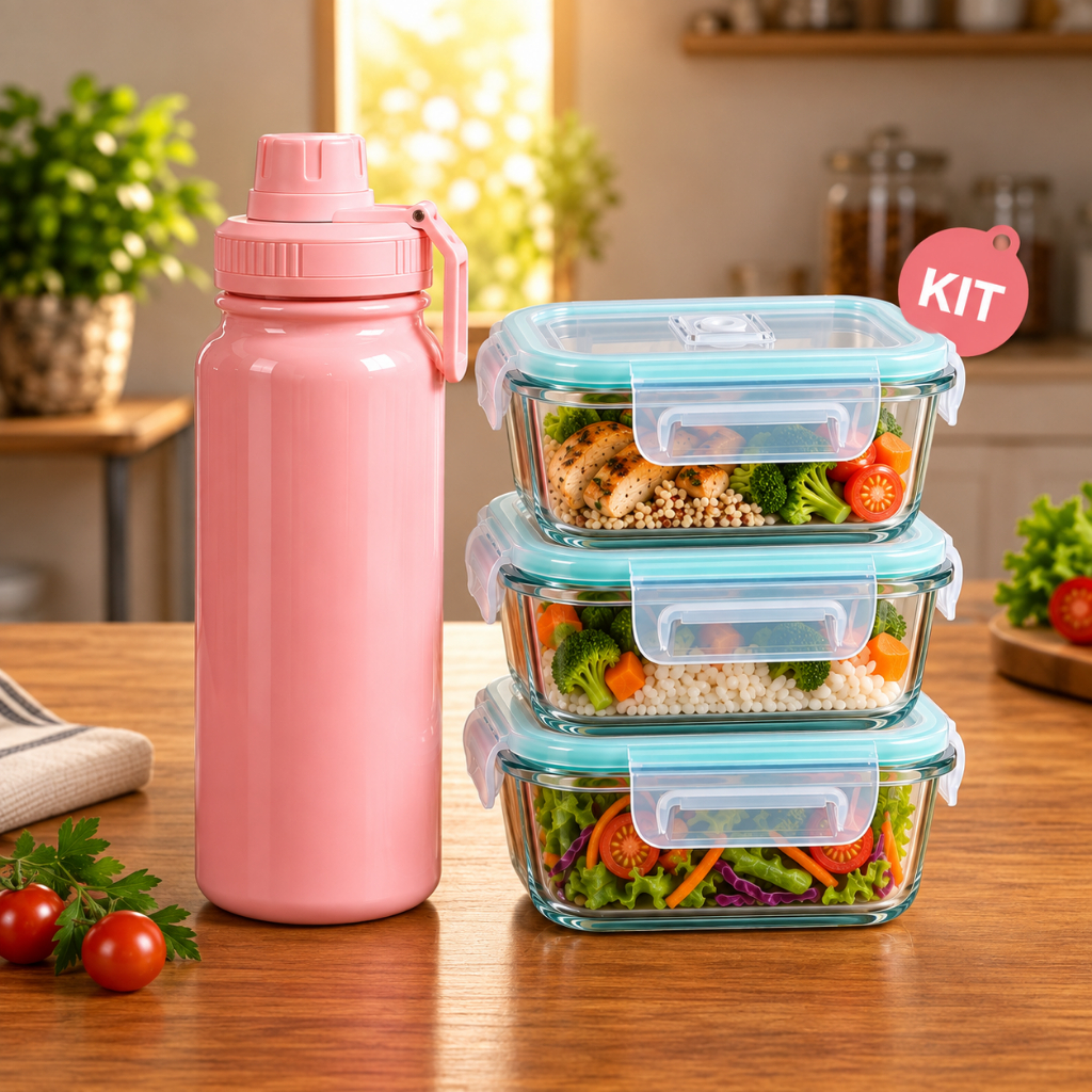 Kit Garrafa Térmica 600ml + Pote Hermético de Vidro | Garrafa Aço Inox Parede Dupla a Vácuo